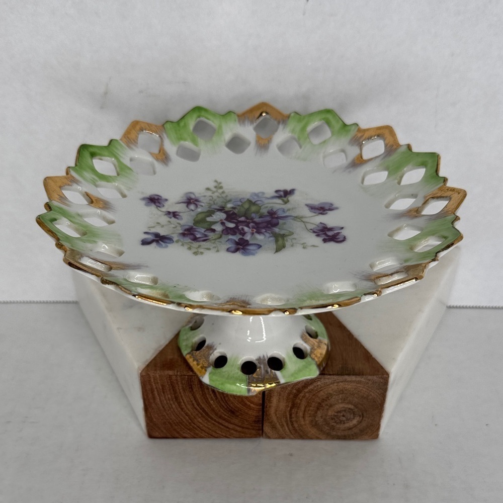 Vintage Lefton China Reticulated Pedestal Plate Hand Painted Gold Purple Flowers